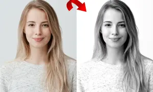 Dwie zdjęcia na białym tle: blondynka w kolorze i czarno-białe. Czerwona strzałka pokazuje przejście.