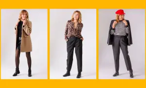 Eleganckie stylizacje dla dojrzałych pań: płaszcz i skórzana spódnica, panterkowy sweter z cygaretkami, marynarka i paski.