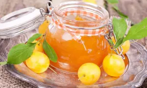 Ein Glas mit leuchtend orangefarbener, raffinierter Mirabellenmarmelade, umgeben von frischen Mirabellen und grünen Blättern auf einem silbernen Teller.