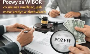Pozwy za WIBOR – co musisz wiedzieć, jeśli masz kredyt w złotówkach. Dłoń trzyma banknoty, lupa pokazuje słowo "POZEW".