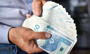 Dłonie trzymają stos banknotów 50 zł. Czy to już kwota netto?