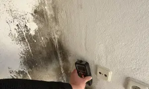Ein Gerät misst die Feuchtigkeit an einer **schimmeligen Wand**. Dunkle Flecken breiten sich aus.