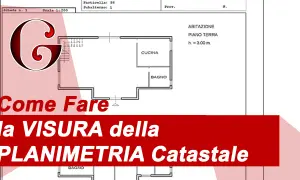 Planimetria catastale cos'è: schema di una casa con cucina e bagno, testo "Come Fare la VISURA della PLANIMETRIA Catastale".