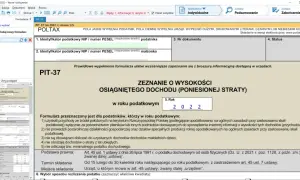 Zrzut ekranu z programu do rozliczania PIT-37, widoczny formularz zeznania podatkowego.