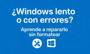 ¿Windows lento o con errores? Aprende a reparar Windows 11 sin formatear. Iconos de herramientas y logo de Windows.