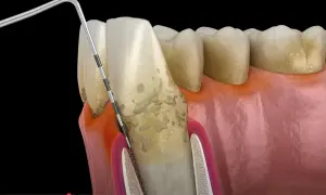 Widok przekroju zęba z widoczną próchnicą zębów i narzędziem dentystycznym.