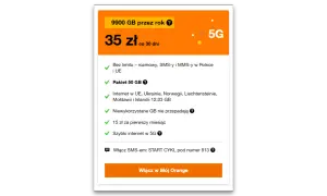 Orange free na kartę: 9900 GB na rok, 35 zł/30 dni, pakiet 50 GB, szybki internet 5G.