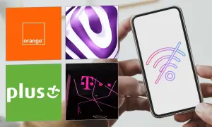 Ikony operatorów Orange, Plus i T-Mobile. Na ekranie telefonu symbol braku połączenia, sugerujący automatyczne rozłączanie połączenia.