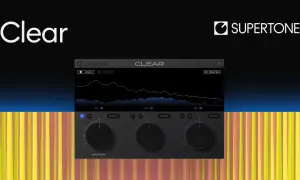 The Supertone Clear interface, a goyo voice separator, displays audio spectrum analysis and controls for ambience, voice, and voice reverb.