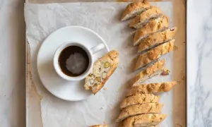 En kopp kaffe bredvid en rad med italiensk mandelskorpa, bakad med nötter och pistagenötter.
