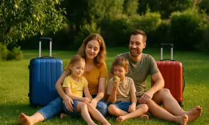 Rodzina z walizkami pod gruszą, gotowa na wczasy. Poznaliśmy już wczasy pod gruszą zasady, teraz czas na relaks.