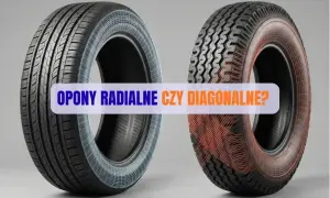 Dwa rodzaje opon: po lewej nowoczesne opony radialne z niebieskim schematem, po prawej starsze opony diagonalne z czerwonym schematem.