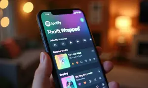 Dłoń trzyma smartfon z otwartą aplikacją Spotify Wrapped, pokazującą listę utworów.