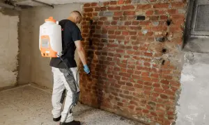 Mann mit Sprühgerät dichtet Ziegelwand im Keller ab.