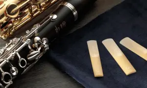 Złoty saksofon i czarny klarnet, obok nich trzy stroiki. Te instrumenty dęte drewniane czekają na muzyka.