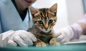 Mały, pręgowany kotek z wielkimi oczami, badany przez weterynarza. Tęgoryjec u kota to nic strasznego, gdy jest w dobrych rękach.