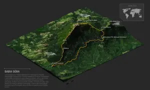 Trasa na Babiej Górze, oznaczona żółtą linią, pokazuje szlak turystyczny. Trudność podejścia na szczyt Diablak (1725 m) jest wyzwaniem dla turystów.