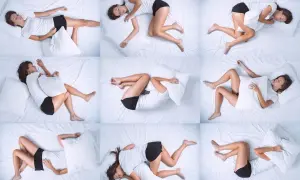 A woman in various positions on a white bed, illustrating tossing and turning at night. She clutches a pillow, seeking comfort.