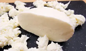 Kawałek mozzarelli light, otoczony postrzępionymi kawałkami sera. Idealna do lekkich sałatek, niskokaloryczna przyjemność.