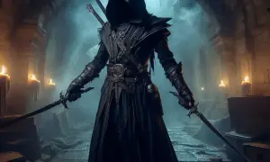 Mroczny elf w kapturze, z dwoma mieczami w dłoniach, stoi w kamiennym korytarzu oświetlonym świecami.