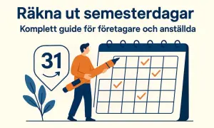 Man räknar semesterdagar med en stor penna på en kalender. En guide för hur man kan ta ut semester i pengar, hur mycket.