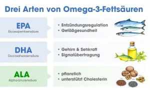 Drei Arten von Omega-3-Fettsäuren: EPA (Thunfisch, Makrele) für Entzündungen, DHA für Gehirn & Sehkraft, und ALA (pflanzlich) für Cholesterin.