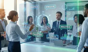 Team discute strategie di risorse umane su schermo olografico con dati su AI, benessere e flussi di lavoro futuri.