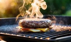 En saftig hamburgare med smält ost och tomat grillas, perfekt hamburgare temperatur med rök som stiger.