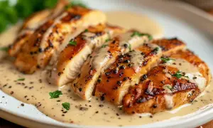 Skivad kycklinginnerfilé i krämig sås, perfekt för ett snabbt kycklinginnerfilé recept. Garnerad med peppar och persilja.