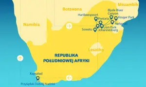 Mapa Afryki Południowej. Kapsztad leży na południowym krańcu kontynentu, blisko Przylądka Dobrej Nadziei.