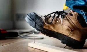 Buty robocze z podwyższonym noskiem chronią stopę przed gwoździem wbitym w deskę.