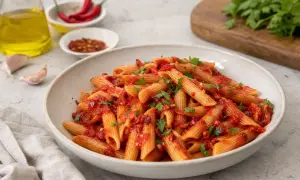 En skål med penne pasta all'arrabbiata, toppad med persilja. Runtom syns chili, vitlök och olivolja.