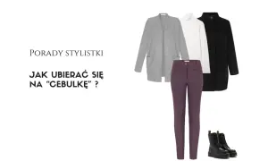 Stylistka radzi, jak stworzyć idealny ubiór na cebulkę: szary kardigan, biały golf, czarny płaszcz, bordowe spodnie i botki.