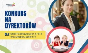Konkurs na dyrektorów szkół podstawowych i zespołu szkół. Uśmiechnięci uczniowie i poważna dyrektorka.