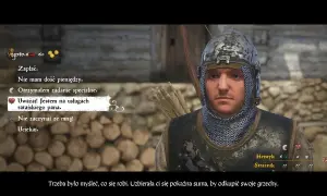 Kingdom Come: Deliverance poradnik. Henryk, strażnik, rozmawia z graczem, oferując opcje dialogowe.