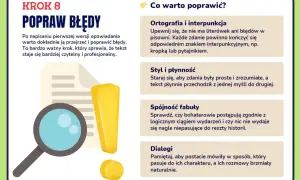 Krok 8: Popraw błędy. Lupa, wykrzyknik i tekst przypominają, że vox szczęśliwej drogi już czas, by dopracować opowiadanie.