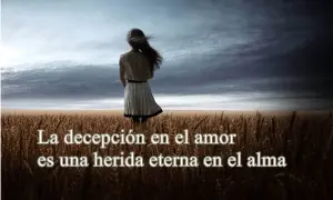 Mujer sola en campo de trigo, con cielo tormentoso. Frases de decepción de la vida, como una herida eterna en el alma.