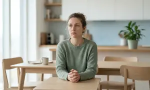 En kvinna sitter ensam vid ett köksbord, i en bearbetningsfas av en kris.