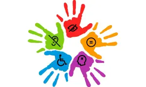 Cinque impronte colorate formano un cerchio, ognuna con un simbolo di disabilità, a simboleggiare l'inclusione e il rispetto, come previsto dal dpcm 185 del 2006.