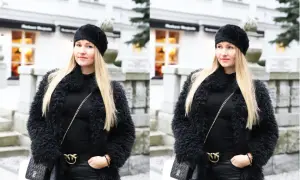Kobieta w czarnym, puszystym futrze i czapce. Eleganckie futro stylizacje na zimę.