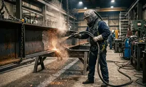Pracownik w masce ochronnej wykonuje metalizację natryskową na stalowej belce, tworząc iskry i pył.