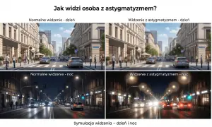 Symulacja widzenia ulicy w dzień i w nocy, pokazująca, jak rozmyte i zniekształcone są światła, gdy widzi osoba z astygmatyzmem.