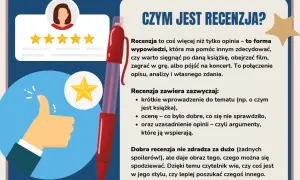 Ilustracja przedstawia proces pisania recenzji. Widoczna jest dłoń z kciukiem w górze, gwiazdki oceny i czerwone pióro.