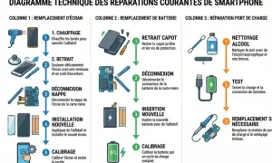 Diagramme des réparations de smartphone : remplacement écran, batterie, port de charge. Ce tech stack visuel guide les étapes.