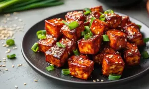 Aksamitne dania z tofu w sosie, posypane sezamem i szczypiorkiem, kuszą apetycznym wyglądem.