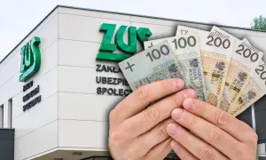 Ręce trzymają polskie banknoty przed budynkiem ZUS. Wnioski 800 plus 2026 – czy pieniądze wystarczą?