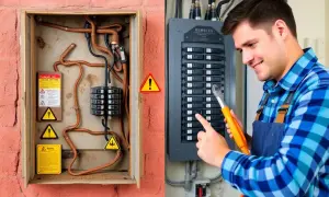 Un électricien examine un panneau électrique. À gauche, une boîte ouverte montre un ancien boîtier de fusible et des fils de cuivre.