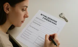 Kobieta wypełnia dokument "Wymeldowanie z mieszkania". Klucz leży obok, sugerując, czy właściciel mieszkania może kogoś wymeldować.