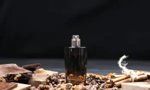 Męskie perfumy arabskie w ciemnej butelce, otoczone czekoladą, kawą i cynamonem.
