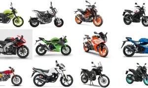 Kolaż zdjęć różnych motocykli, w tym sportowych i naked bike'ów.
